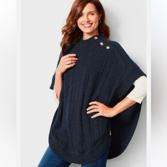 Talbots Speckle Cable Knit Sweater Poncho Women Medium Navy Blue Fisherman Cozy - Picture 1 of 6